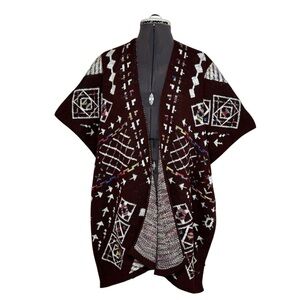 Marglop Knit Burgundy Multi Aztec Pattern Open Front Sides Boho Ruana Poncho OS